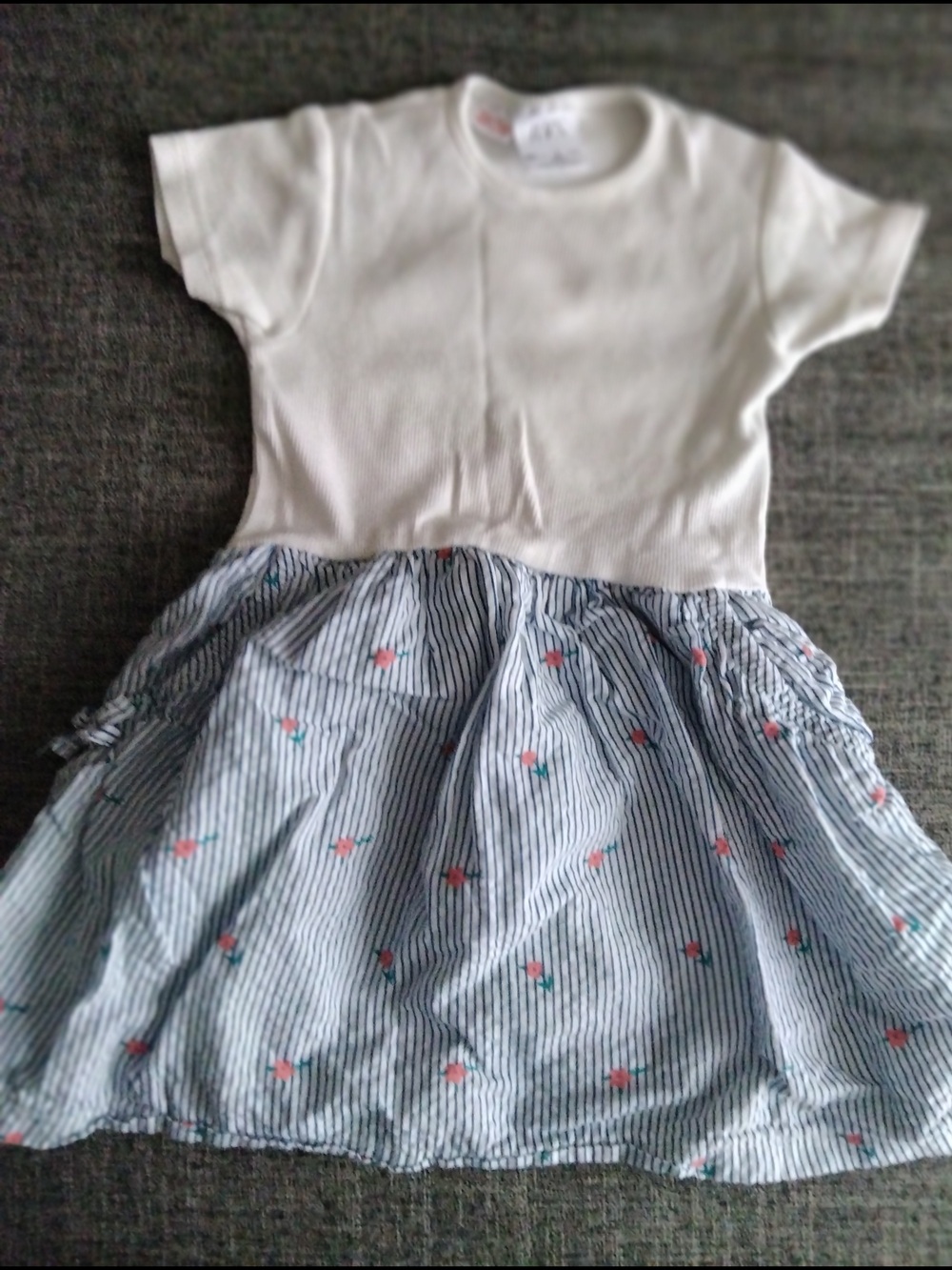 Zara White Top with Blue Stripe Floral Skirt Dress
